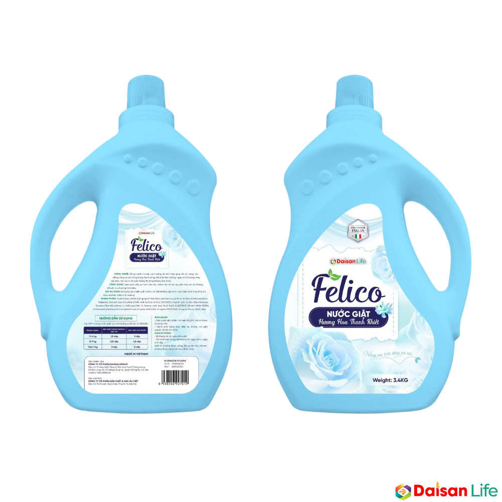 Nước giặt thảo mộc Felico - Hương hoa Thanh khiết 3,4kg - Công nghệ Italia